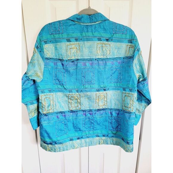 Chico's Design 1 Blouse Size Med. Button-Up Beaded Sequin Aqua 3/4 Slv. Vintage - Picture 2 of 8